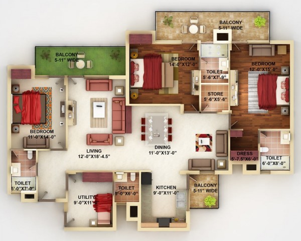 Kiến trúc sư tối ưu hóa không gian sử dụng trong căn hộ với 3 ban công riêng biệt cùng 3 phòng ngủ lớn và 1 phòng ngủ dành cho khách nhỏ hơn.