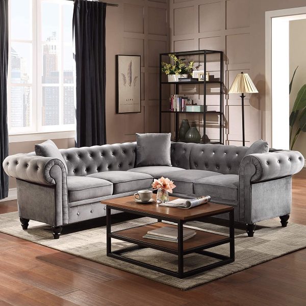 Mẫu ghế sofa cao cấp phủ vải nhung màu xám bạc phù hợp với thiết kế phòng khách phong cách Retro cuốn hút, lịch lãm.