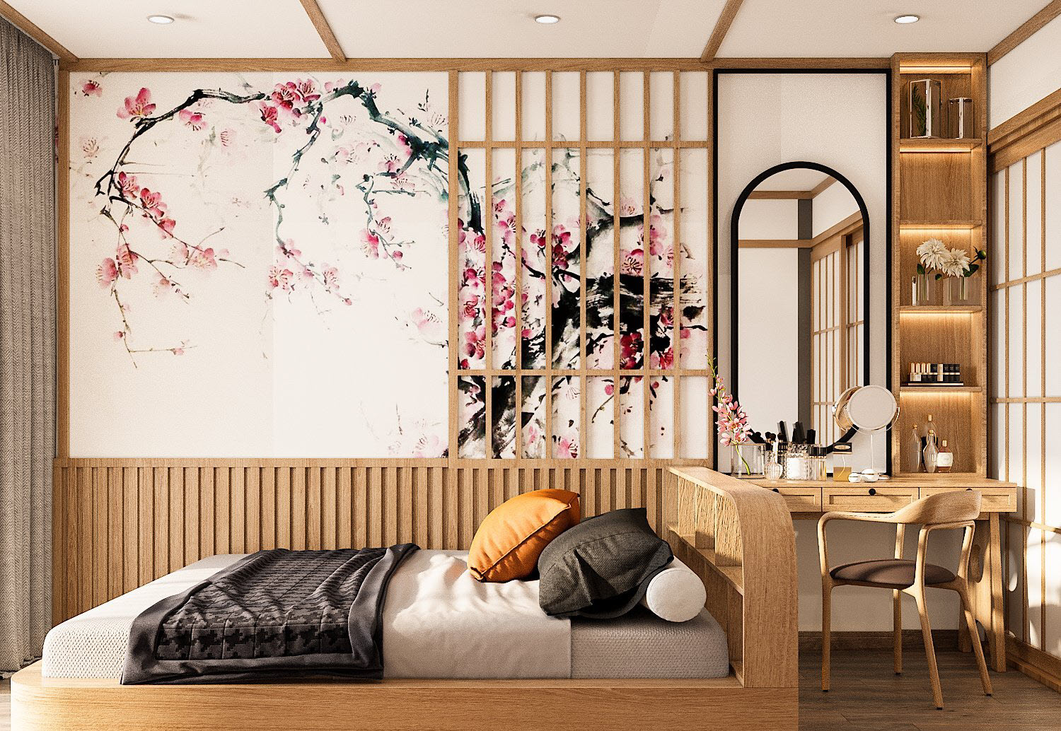 phòng ngủ với tranh tường hoa anh đào nổi bật