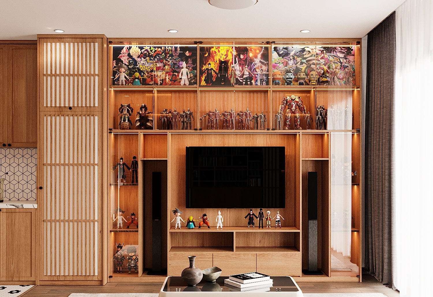 Tủ kệ tivi tựa như một khu triển lãm, trưng bày các nhân vật manga yêu thích của gia chủ.