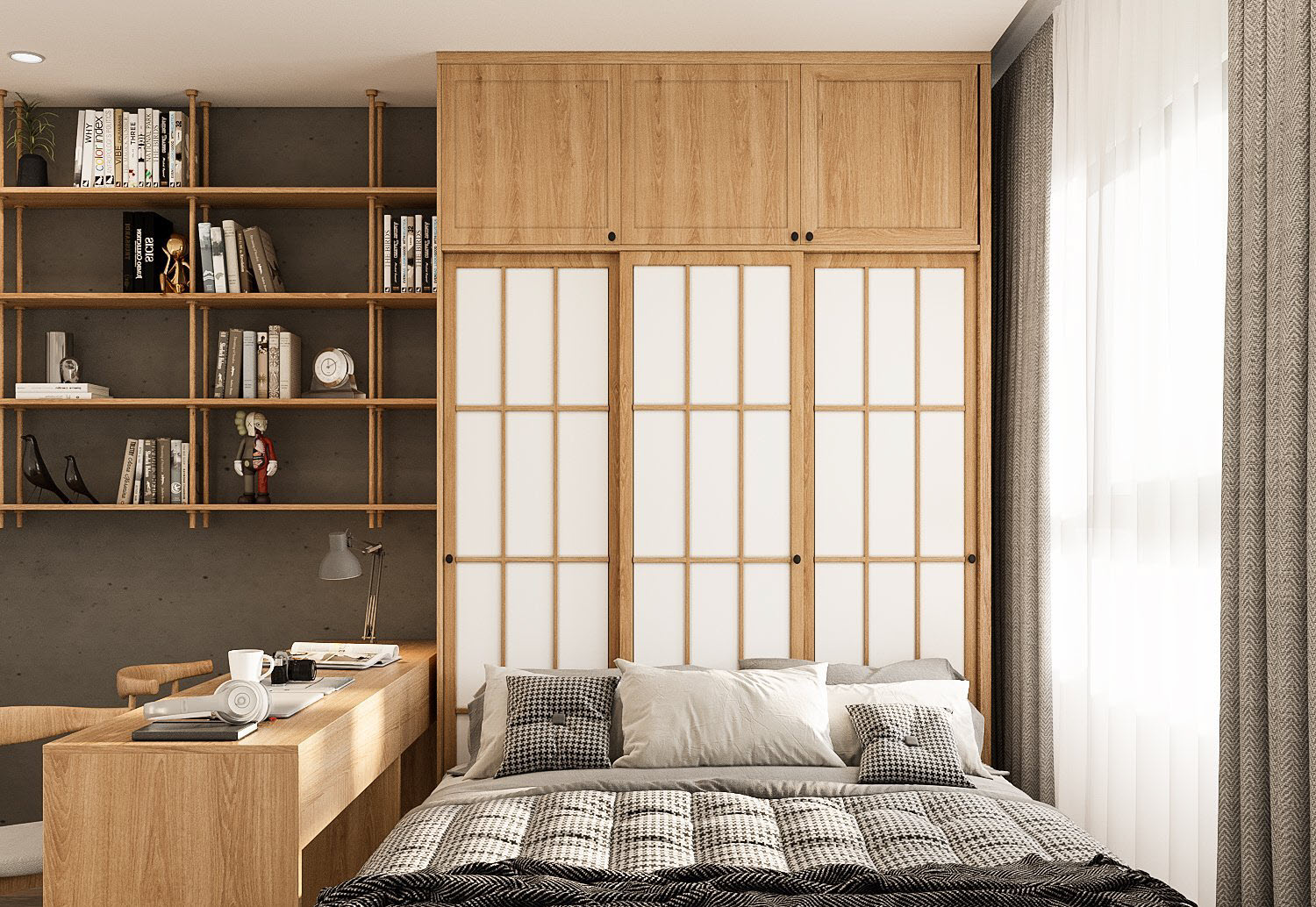 Phòng ngủ thứ hai với thiết kế nội thất tương tự. Tông màu trắng - xám trung tính cho sơn tường, rèm cửa, ga gối kết hợp ăn ý cùng nội thát gỗ kiểu Nhật.
