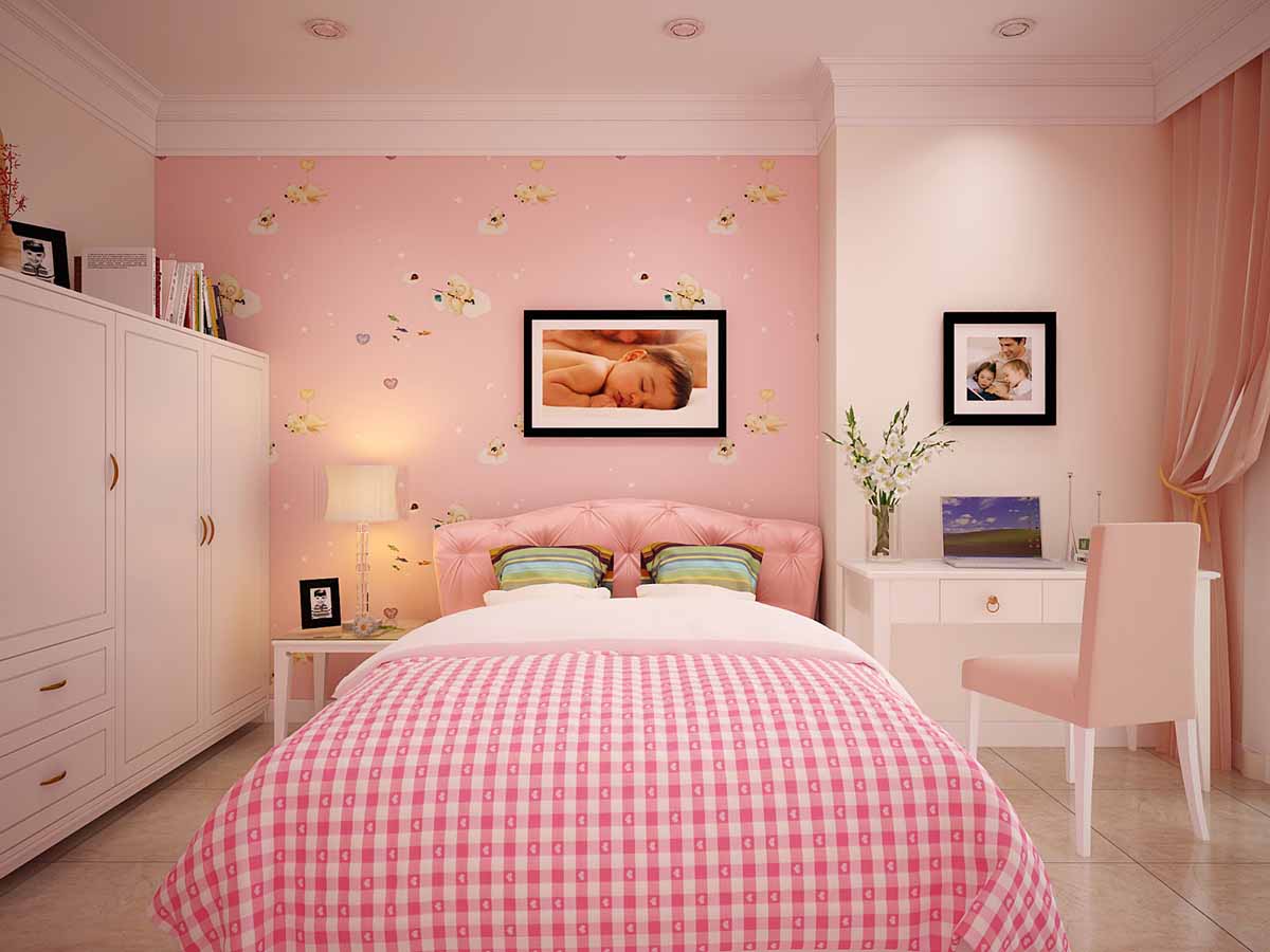 Mẫu phòng ngủ dành cho con gái mà bạn có thể tham khảo. Căn phòng sử dụng nội thất nhỏ gọn, linh loạt, dễ dàng thay đổi khi cần.