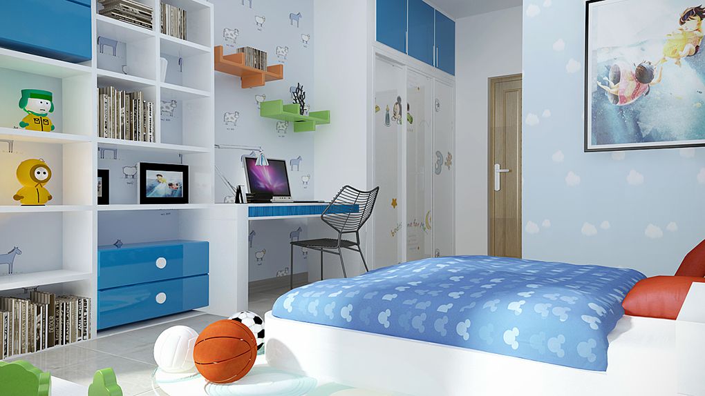 Phòng ngủ con trai với thiết kế sinh động và sắc nét. Hệ tủ kệ tích hợp bàn học, giá sách liền tường giúp tiết kiệm diện tích tối đa.