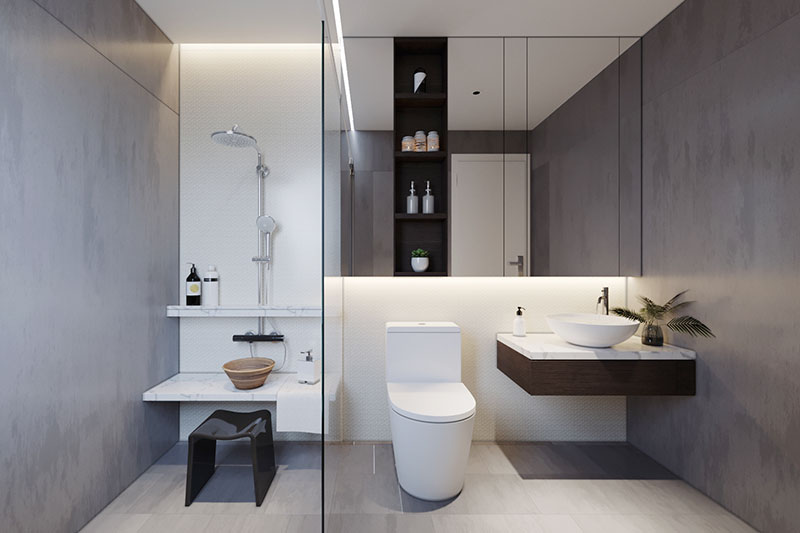 Trong nhà phố 2 tầng, phòng tắm và khu vệ sinh được phân tách rõ ràng bởi vách kính trong suốt, đảm bảo sự khô thoáng, sạch sẽ cho căn phòng.