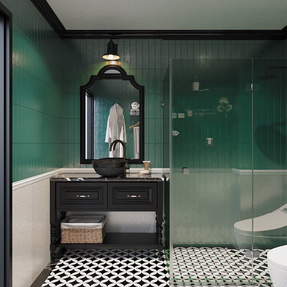 Phòng tắm ốp gạch màu xanh lá dịu mát.