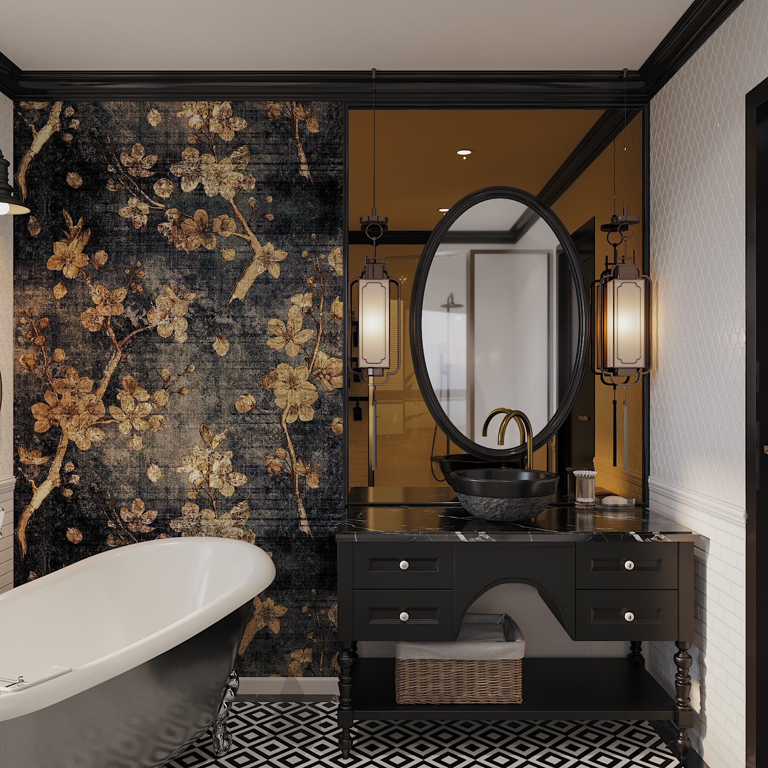 Tranh sơn màu tông màu đen - vàng đồng điểm tô không gian phòng tắm.
