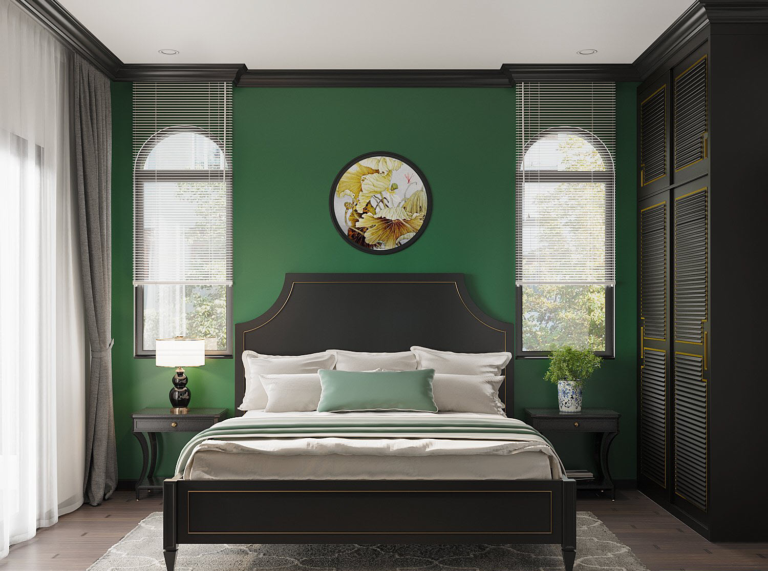 Phòng ngủ thứ ba bắt mắt với tường đầu giường sơn màu xanh lá cây, làm nền cho nội thất gỗ màu đen tuyền thêm phần nổi bật hơn.