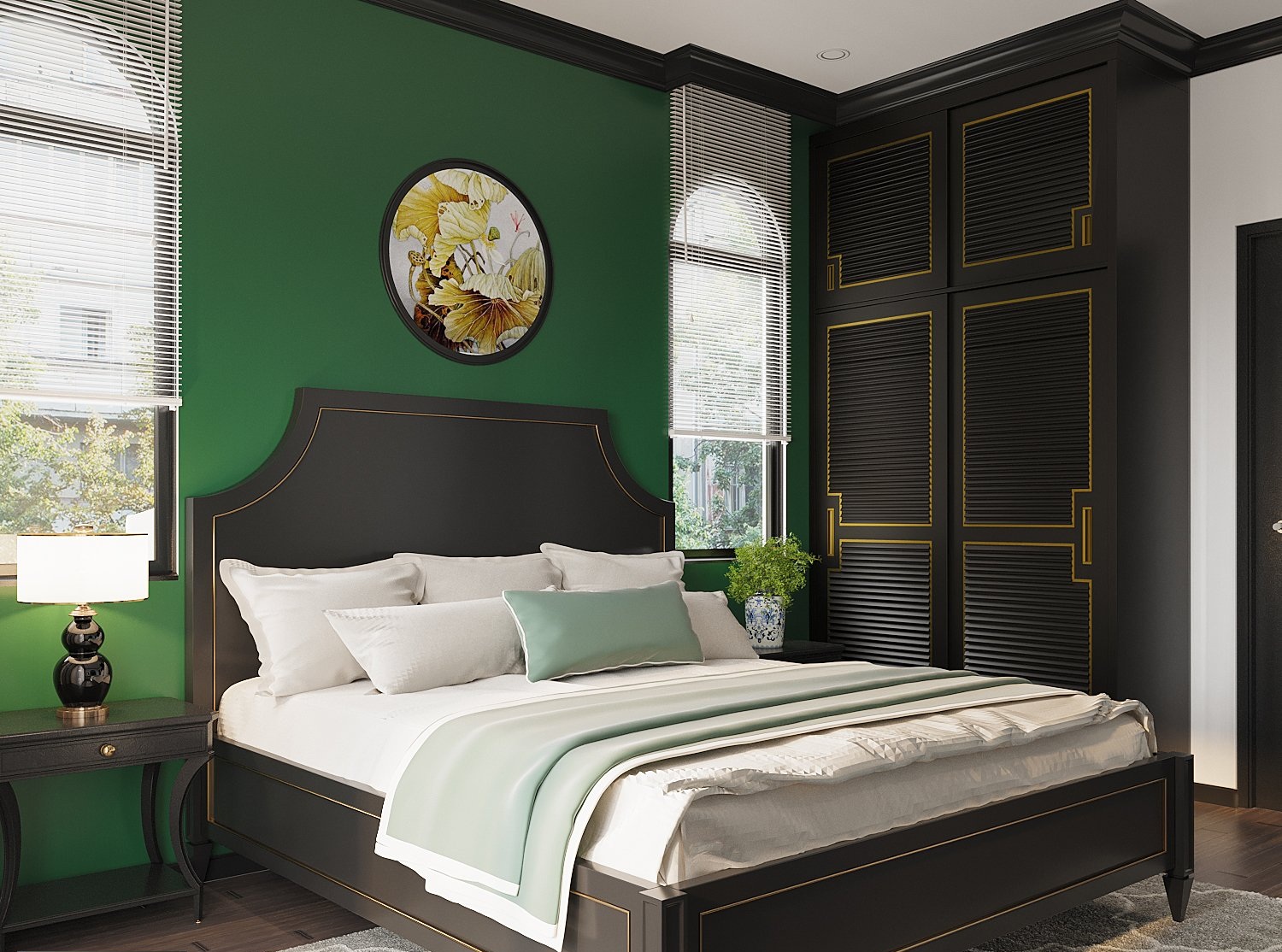 Tranh tường đầu giường với khung tròn mềm mại, sắc màu kết nối với đường kẻ tủ quần áo.