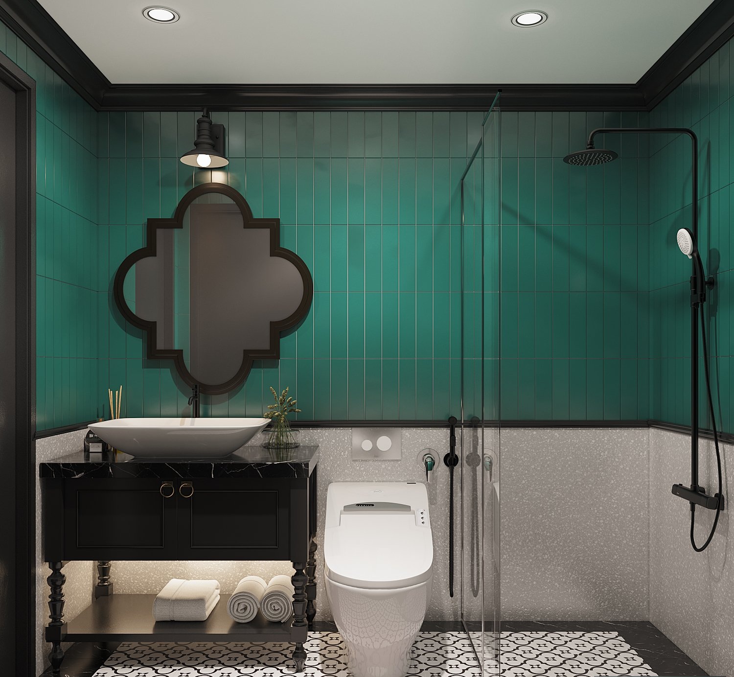 phòng tắm vệ sinh mà xanh lá, khung gương cổ điển