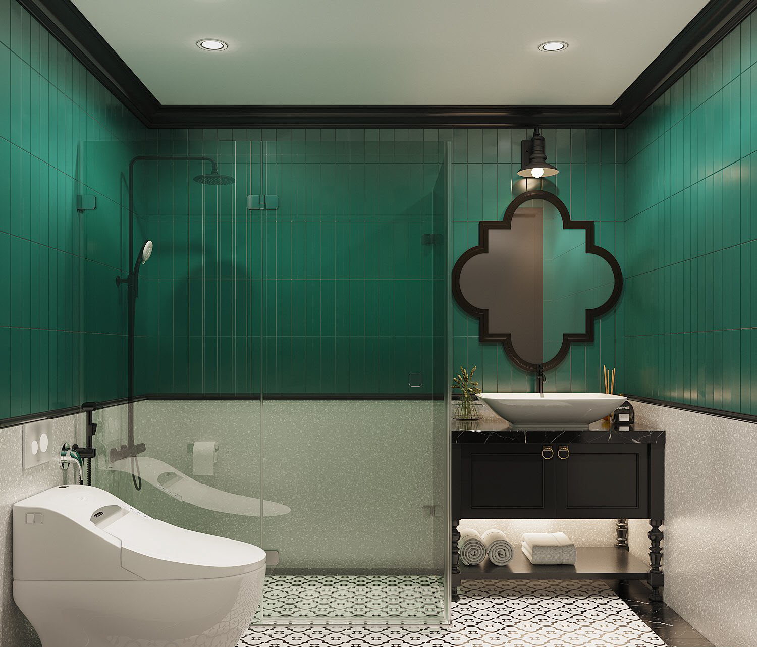 Phòng tắm màu xanh lá khác với thiết kế nội thất tương tự.