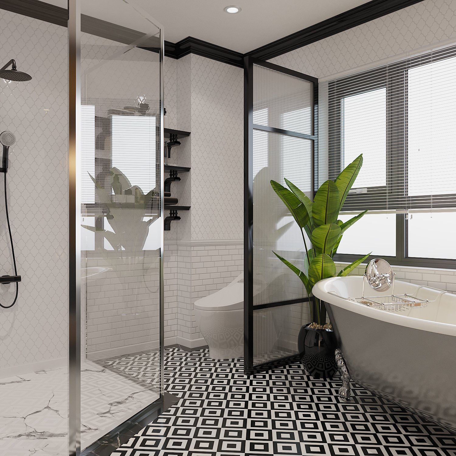 Phòng tắm khép kín sử dụng chất liệu và bảng màu hiện đại tạo cảm giác thư thái cho người dùng. Chậu cảnh xanh tốt như điểm nhấn màu sắc sinh động.