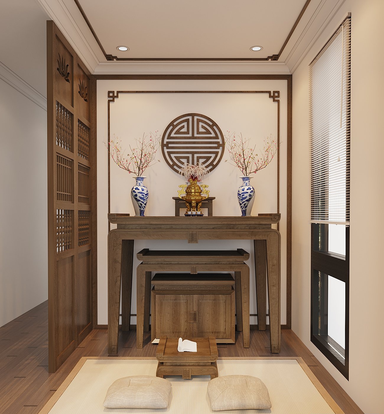 Không gian phòng thờ được thiết kế và bài trí theo phong cách truyền thống Á Đông, đảm bảo tính yên tĩnh, trang nghiêm cần có.
