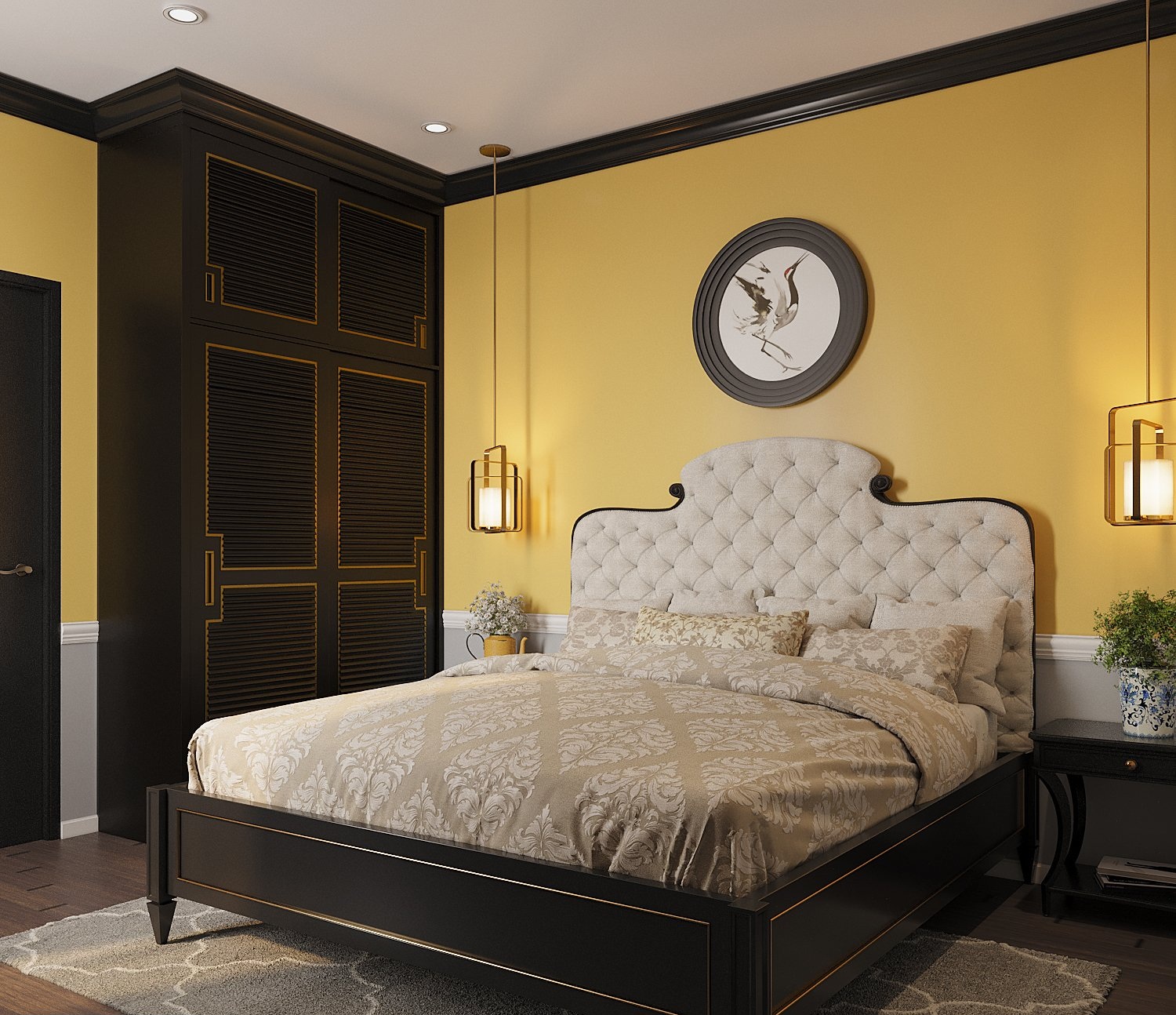 Thiết kế nội thất phòng ngủ thứ tư phù hợp với người trung tuổi, lớn tuổi. Bảng màu và đường nét nội thất đậm chất Indochine.