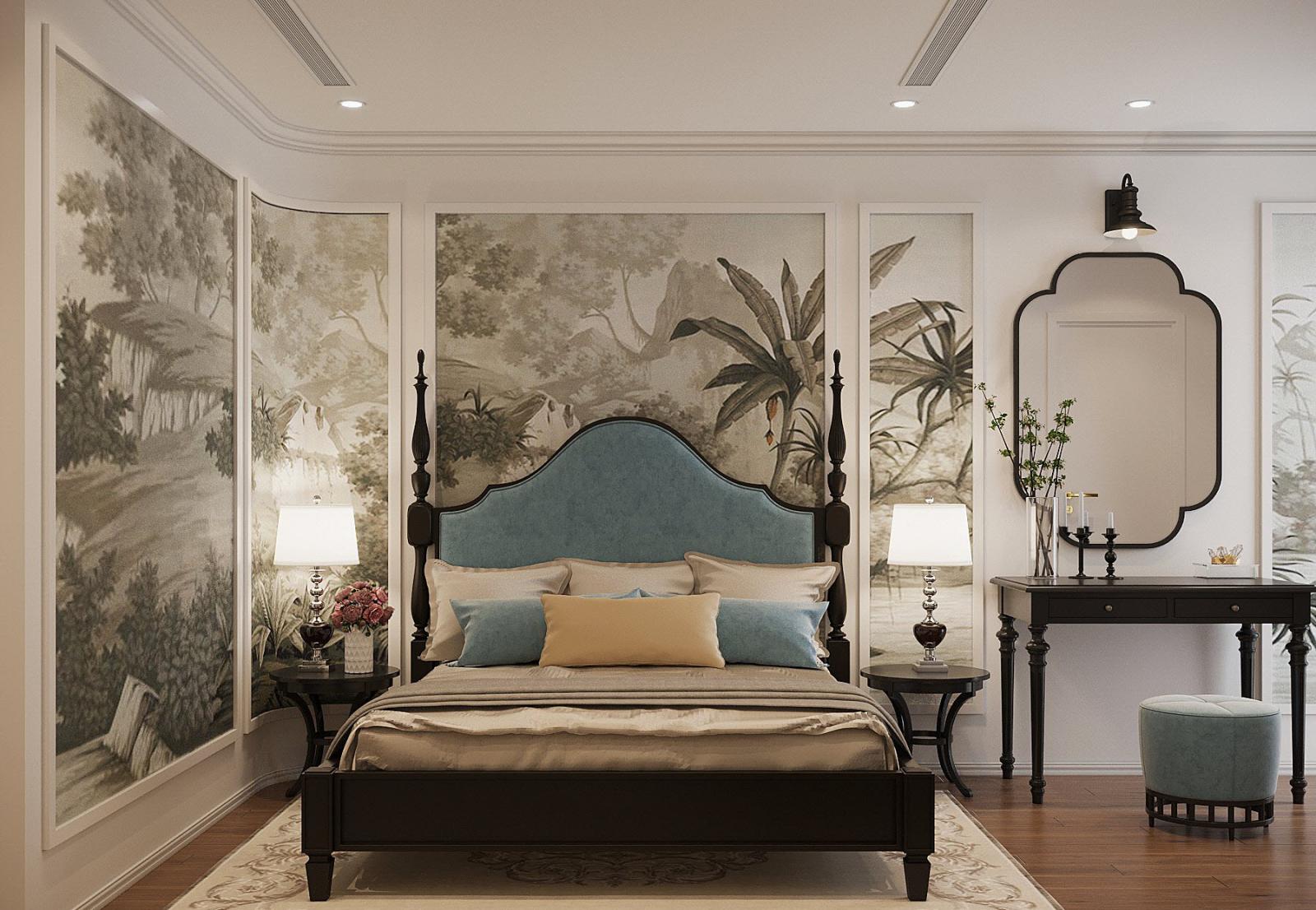 Phòng ngủ master là sự phối trộn hoàn hảo giữa hai phong cách Indochine và Tropical.