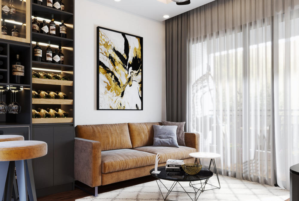 Trong căn hộ 70m2 phong cách hiện đại, phòng khách có diện tích vừa phải, bài trí nội thất sang trọng, tiết chế tối đa các chi tiết trang trí rườm rà.