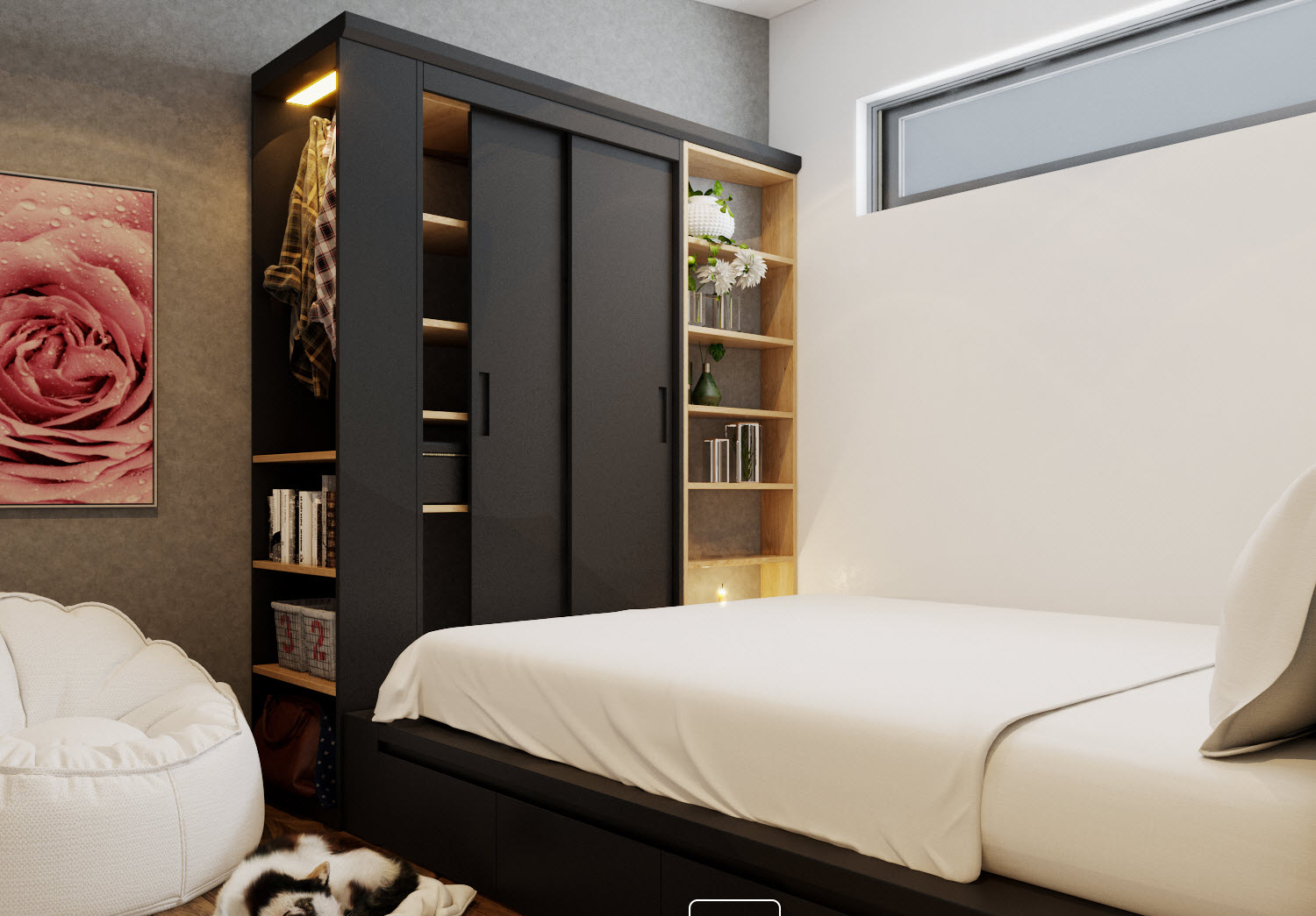 Các phòng ngủ trong căn hộ 70m2 đều được thiết kế tủ kệ lưu trữ thoải mái, gọn đẹp, không chiếm nhiều diện tích nhờ tận dụng không gian theo chiều dọc.