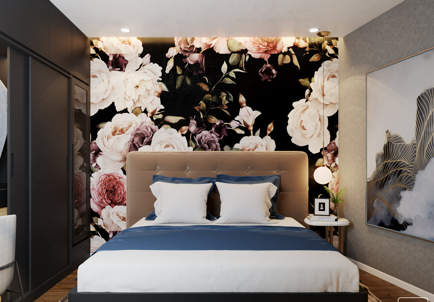 Phòng ngủ master cực ấn tượng với tường đầu giường trang trí họa tiết hoa hồng lớn, nổi bật trên nền đen bí ẩn.