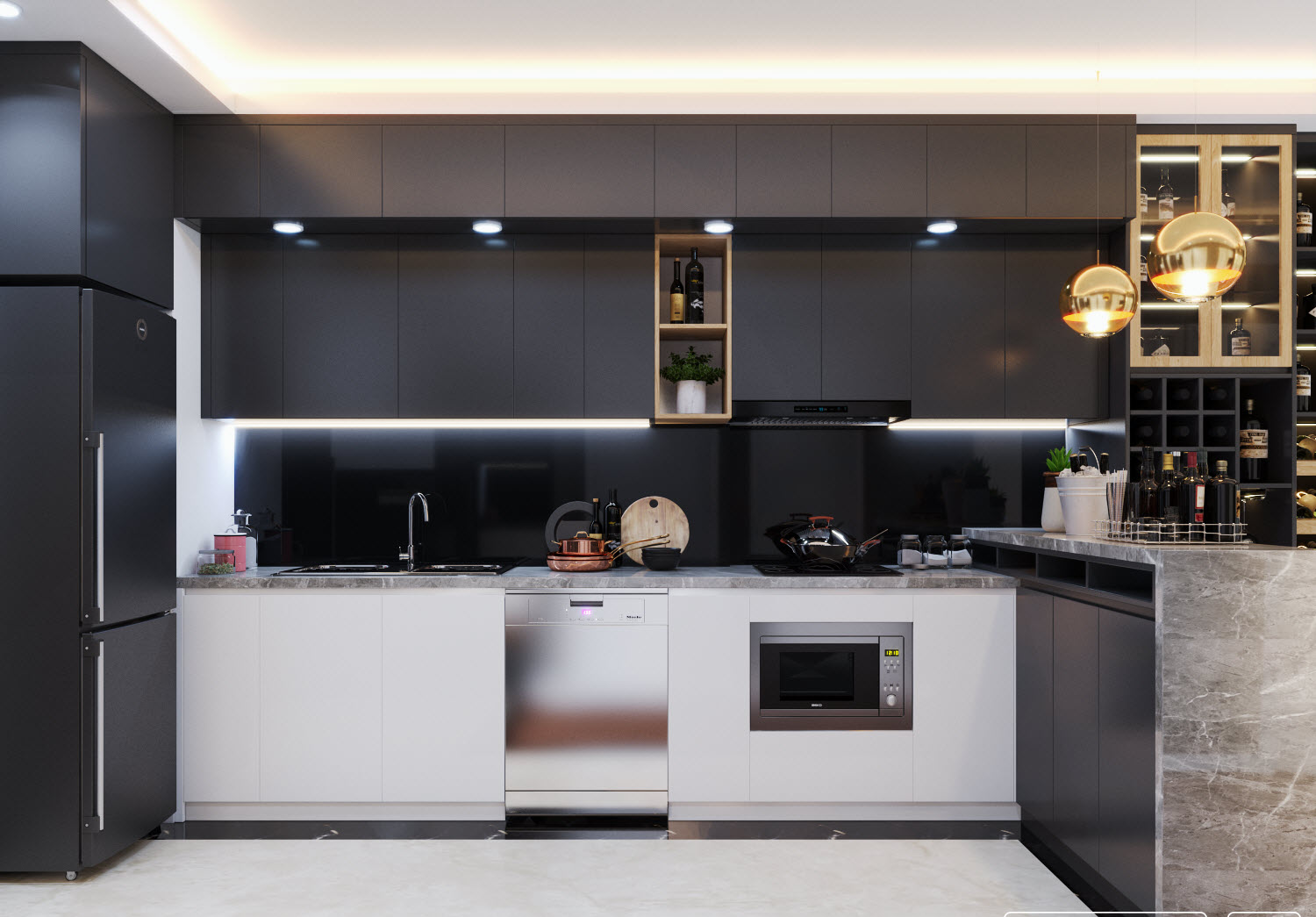 Kiến trúc sư khéo léo sử dụng sắc trắng tinh khôi cho tủ bếp dưới nhằm cân bằng bảng màu cho không gian tổng thể. Phòng bếp vì thế vẫn rất thoáng đãng, dịu mắt.