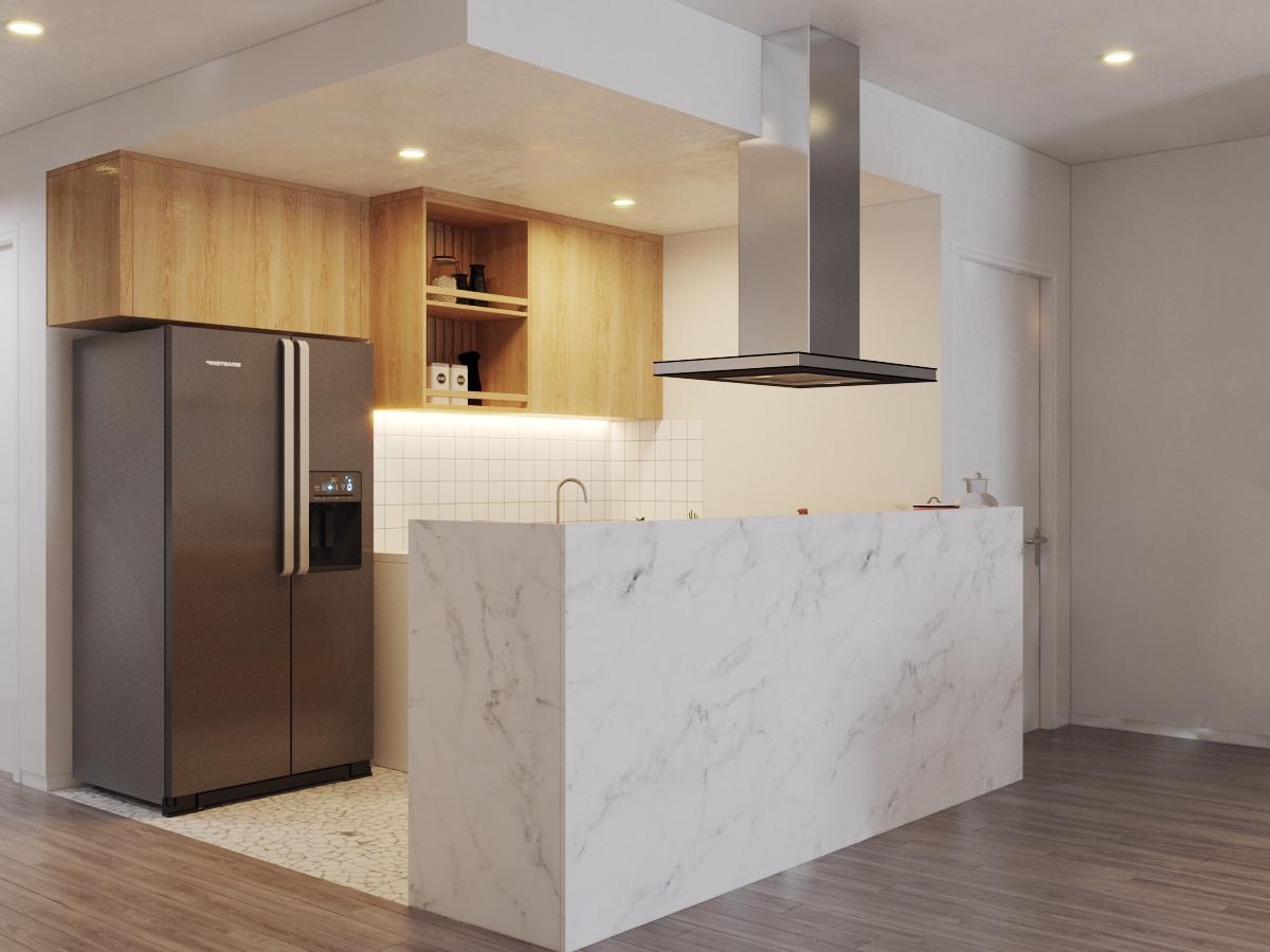 Đảo bếp bằng đá cẩm thạch trắng sạch sẽ, sang trọng và hài hòa với bảng màu tổng thể của căn hộ. Chiều cao bàn đảo che chắn kín đáo khu bếp bên trong.