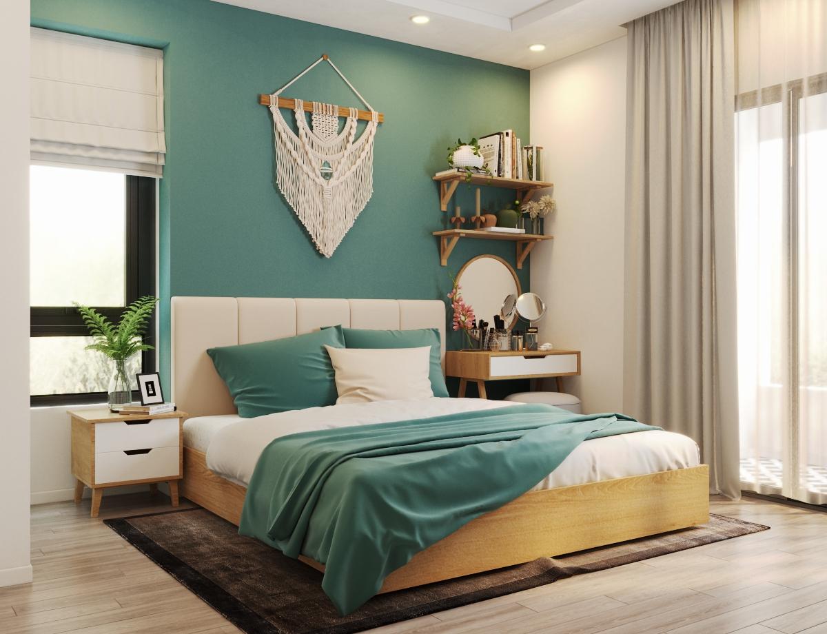Sắc xanh ngọc tinh tế tiếp tục hiện diện trong phòng ngủ master, hòa phối cân đói với bảng màu trắng, xám nhạt và màu gỗ thân thiện.