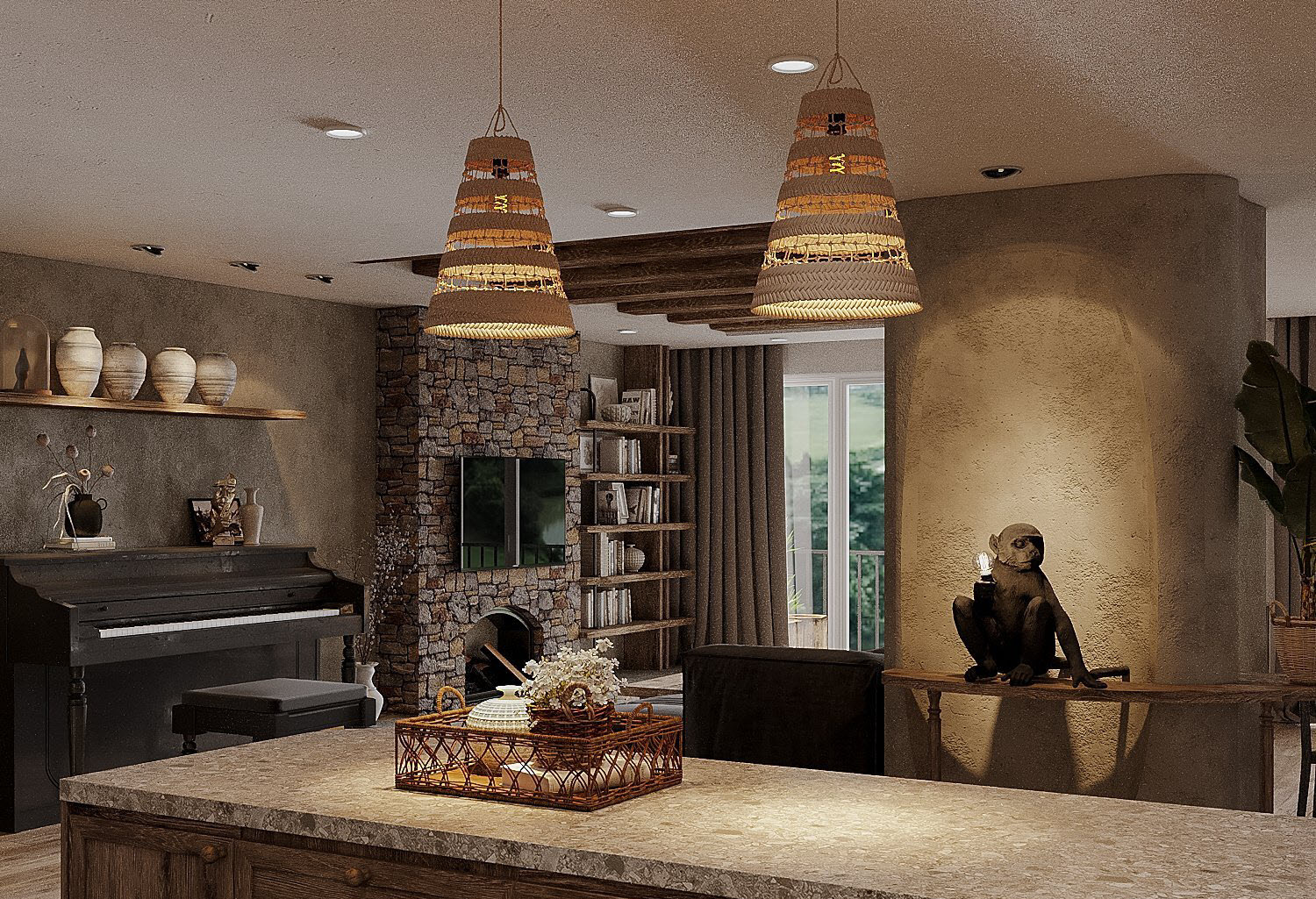 Bộ đôi đèn thả với kiểu dáng mộc mạc, ánh sáng vàng giúp tăng cảm giác ấm cúng cho khu vực bếp nấu, quầy bar mini.