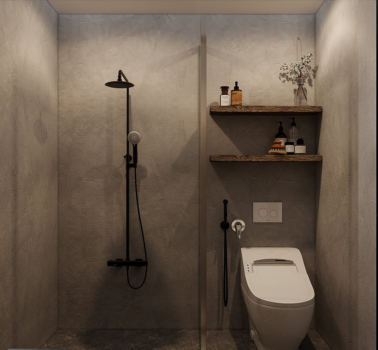 Tường bê tông xám nguyên bản làm nền cho nội thất phòng tắm hiện đại trở nên nổi bật hơn.
