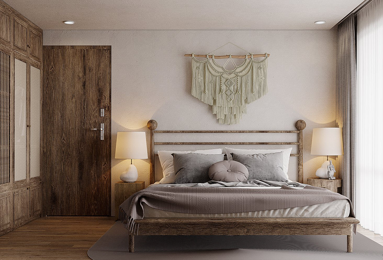 Nội thất gỗ màu xám được sử dụng nhất quán, xuyên suốt mọi không gian chức năng trong căn hộ, được tô điểm thêm bởi ánh đèn vàng ấm áp cùng một vài phụ kiện màu sắc khác.