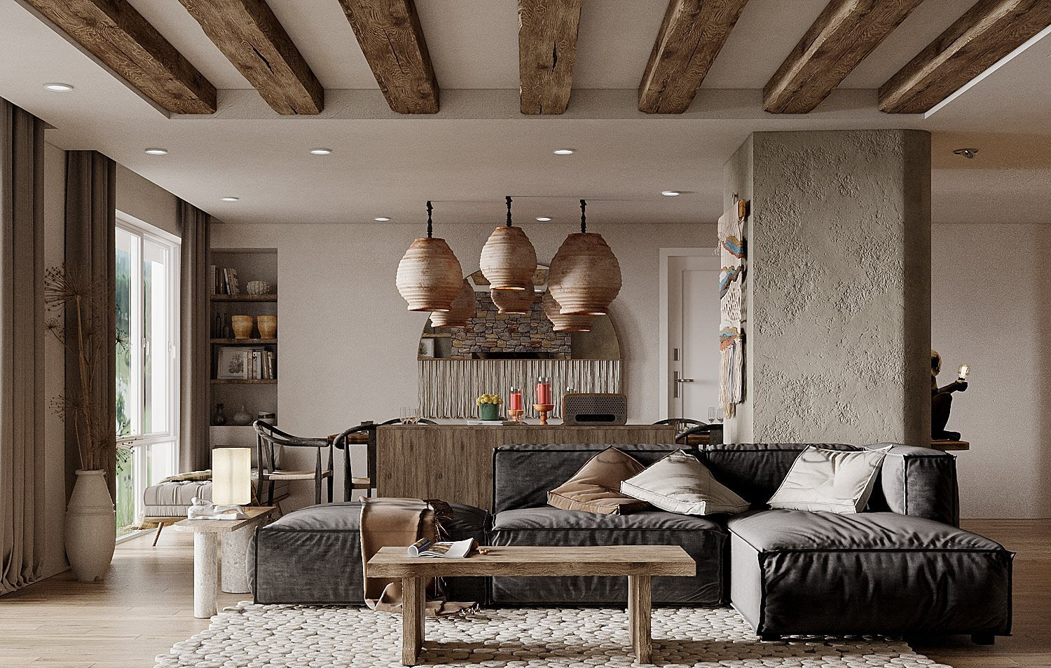Dầm gỗ kết nối hài hòa với bàn cà phê và bar mini từ phòng bếp tạo sự đồng điệu, thống nhất trong từng đường nét thiết kế nội thất.