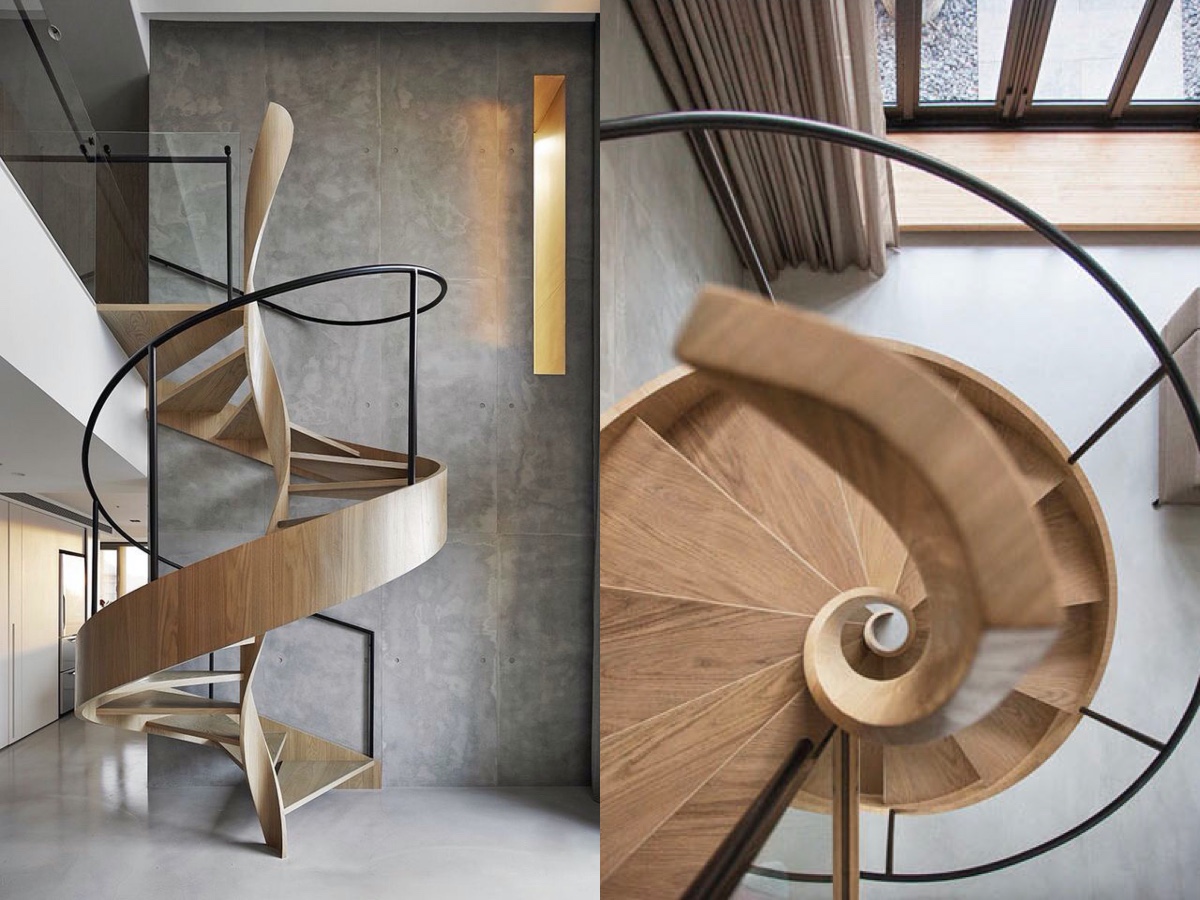 Sự kết hợp hoàn hảo giữa gỗ và kim loại tạo nên mẫu cầu thang xoắn ốc 
