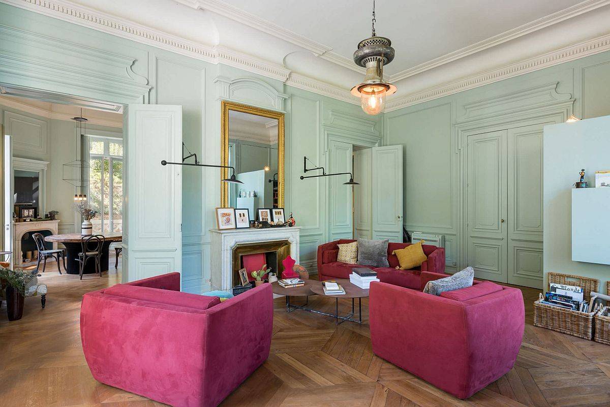 Cách kết hợp tinh tế cặp đôi màu sắc hồng - xanh ngọc cho không gian tiếp khách.