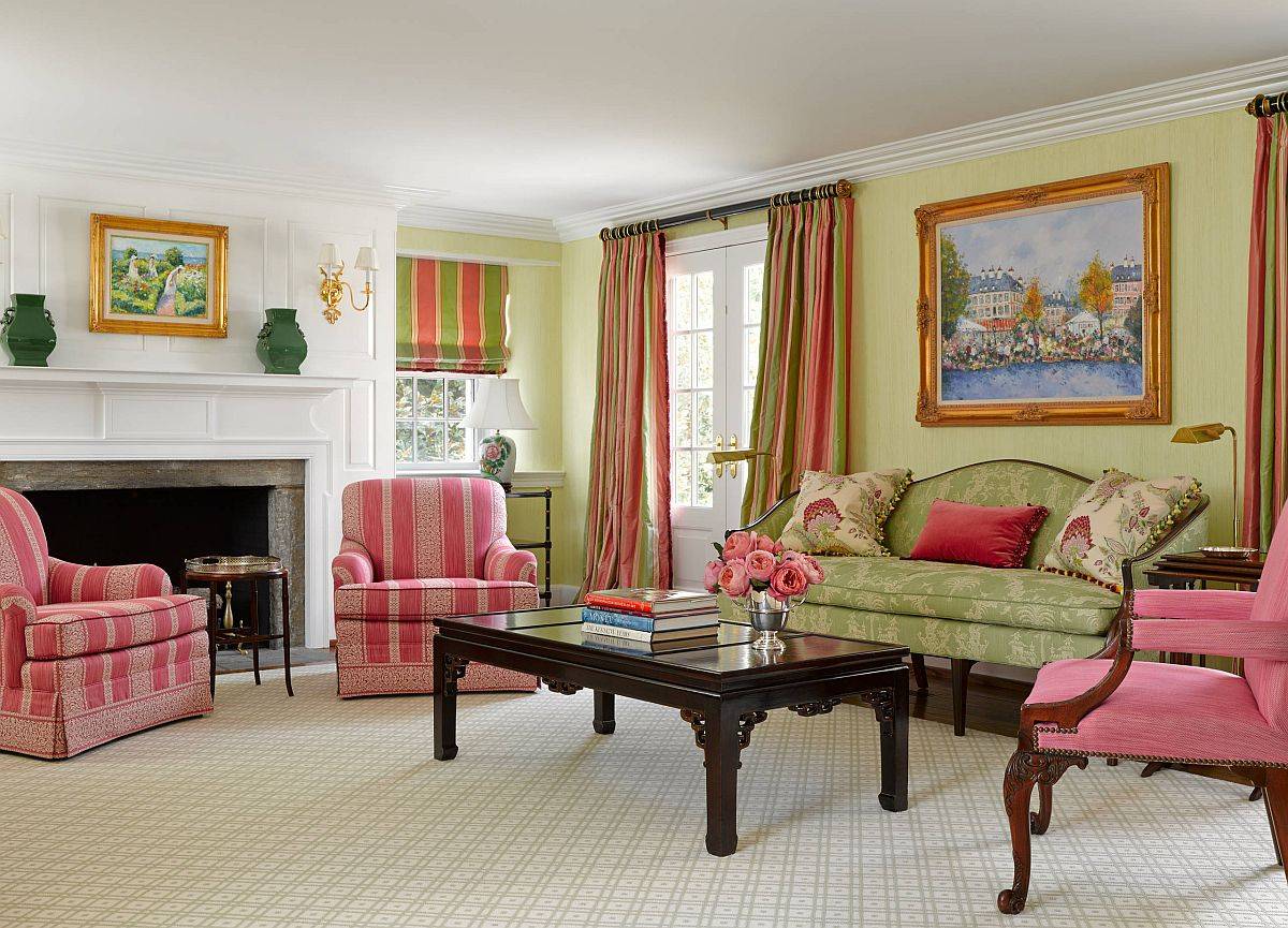 Bạn cũng có thể sử dụng cặp đôi màu sắc hồng - xanh lá cho phòng khách phong cách trang trại hiện đại. Tuy nhiên, nên kết hợp thêm sắc trắng để cân bằng thị giác.