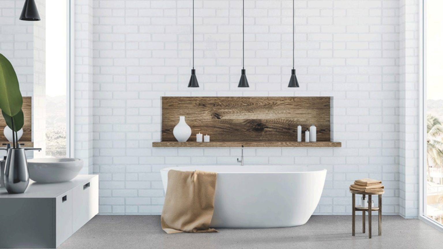 hình ảnh phòng tắm với tường gạch màu trắng, bồn tắm nằm, đèn thả màu đen, kệ gỗ để đồ