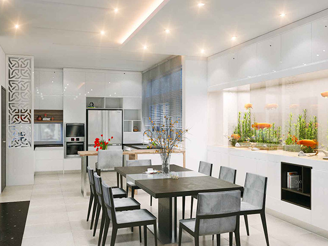 Phòng bếp kết hợp phòng ăn rộng rãi, nhiều ánh sáng tự nhiên - yếu tố rất cần thiết với không gian nấu nướng. Sắc trắng chủ đạo mang tạo cảm giác rộng rãi hơn về thị giác.