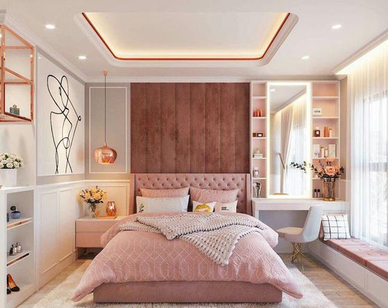 Mẫu thiết kế phòng ngủ đẹp tinh tế dành cho cô con gái lớn. Sắc hồng nhẹ nhàng kết hợp ăn ý cùng tông trắng thuần khiết, giúp tôn lên vẻ nhẹ nhàng, nữ tính.