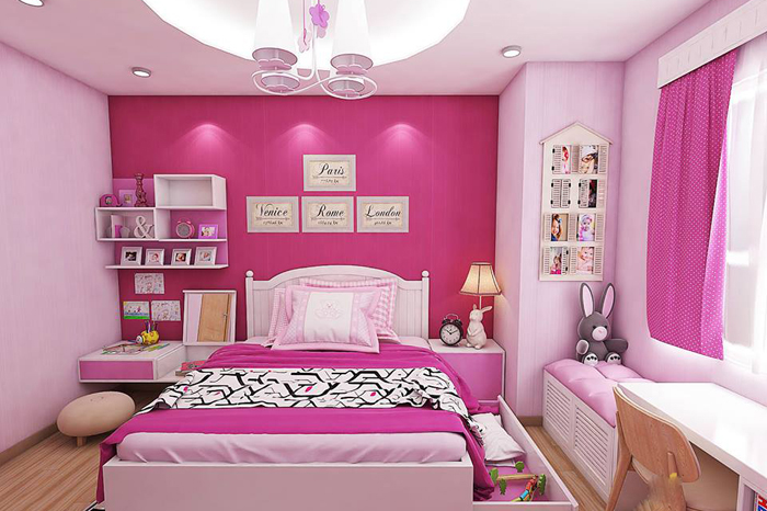Phòng ngủ tông màu hồng điển hình dành cho cô con gái. Bạn có thể sử dụng sắc hồng pastel nhẹ nhàng và sáng hơn.