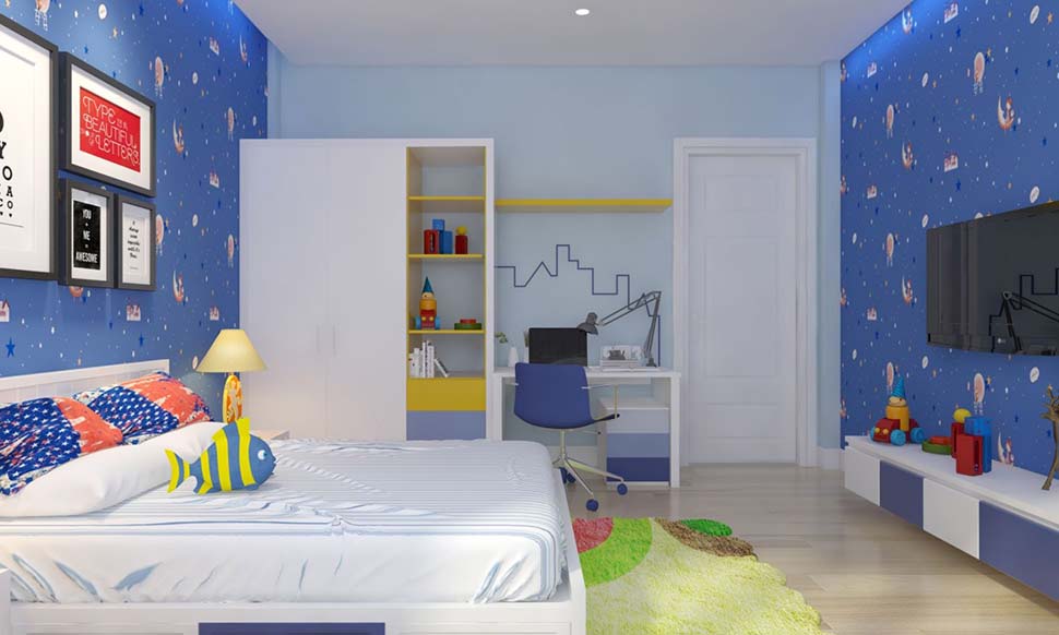 Thiết kế phòng ngủ con trai phong cách trẻ trung, năng động với sắc xanh dương dịu mát.