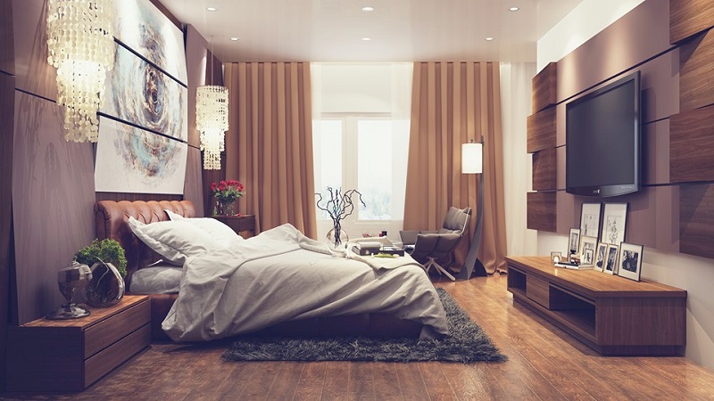 Nếu chuộng nội thất gỗ tông màu nâu trầm ấm áp, bạn có thể tham khảo mẫu thiết kế phòng ngủ master rộng thoáng, tiện nghi này.
