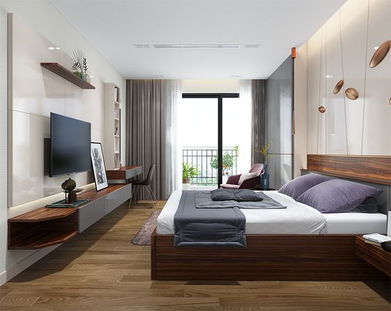 Phòng ngủ master rộng thoáng, bài trí nội thất theo phong cách hiện đại tối giản. Căn phòng toát lên vẻ sang trọng, ấm áp.