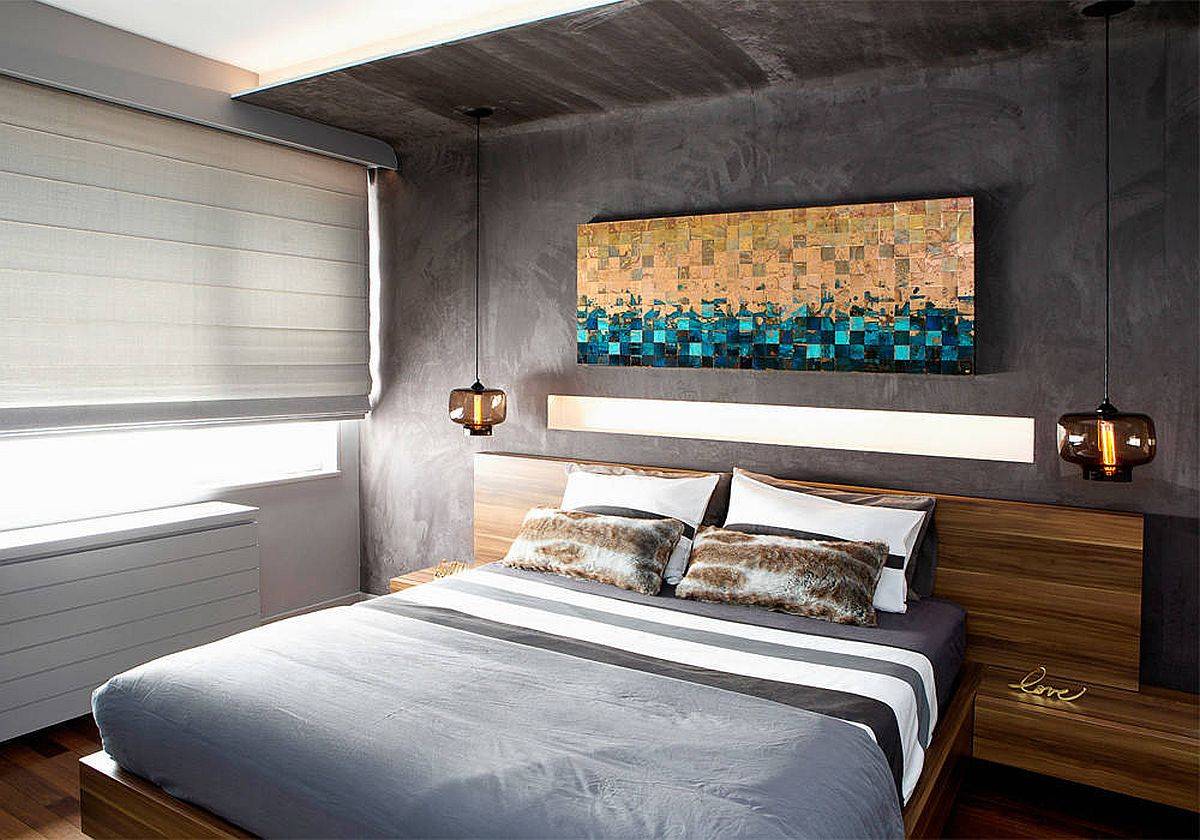 Phòng ngủ được thiết kế theo phong cách đương đại tối giản, trong khi vẫn có sự tương phản về kết cấu ấn tượng.