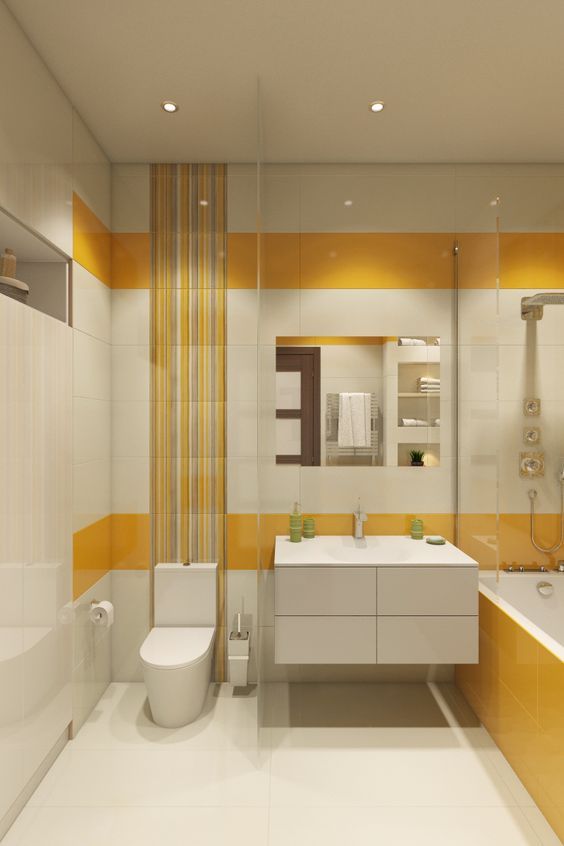 Sắc vàng tươi của gạch ốp nhấn nhá mang đến sự sinh động, tươi mới và tràn đầy năng lượng cho phòng tắm, vệ sinh trong biệt thự 2 tầng mái Thái.