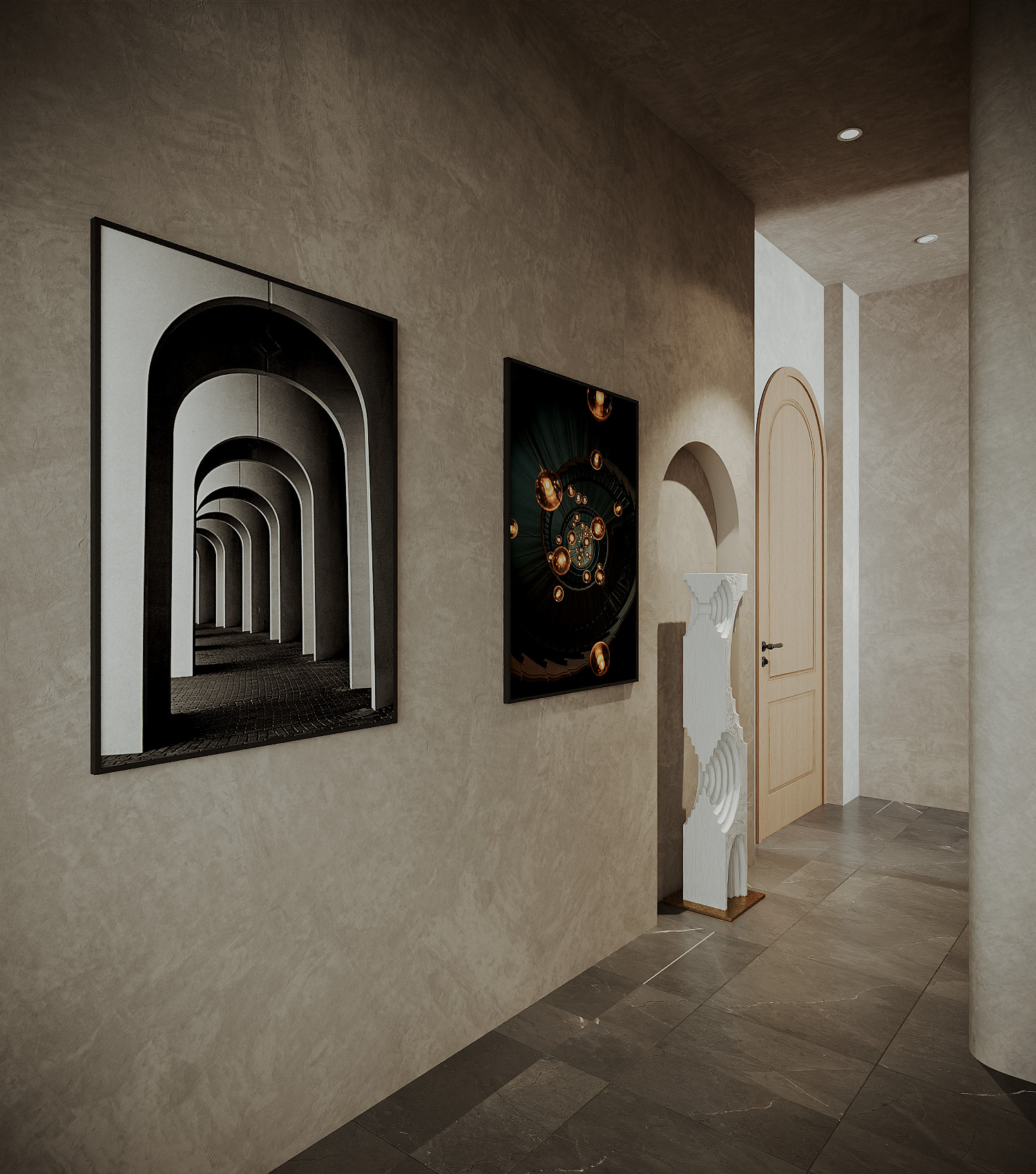 Tác phẩm nghệ thuật treo tường tạo chiều sâu cho không gian hành lang.