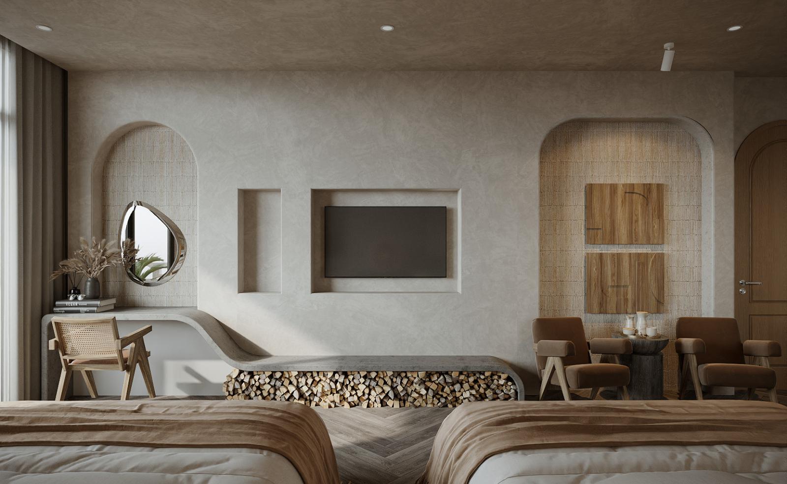 Mảng tường đối diện chân giường được decor đơn giản mà ấn tượng với bàn trang điểm có gương hình giọt nước, kệ tivi, ghế ngồi êm ái.