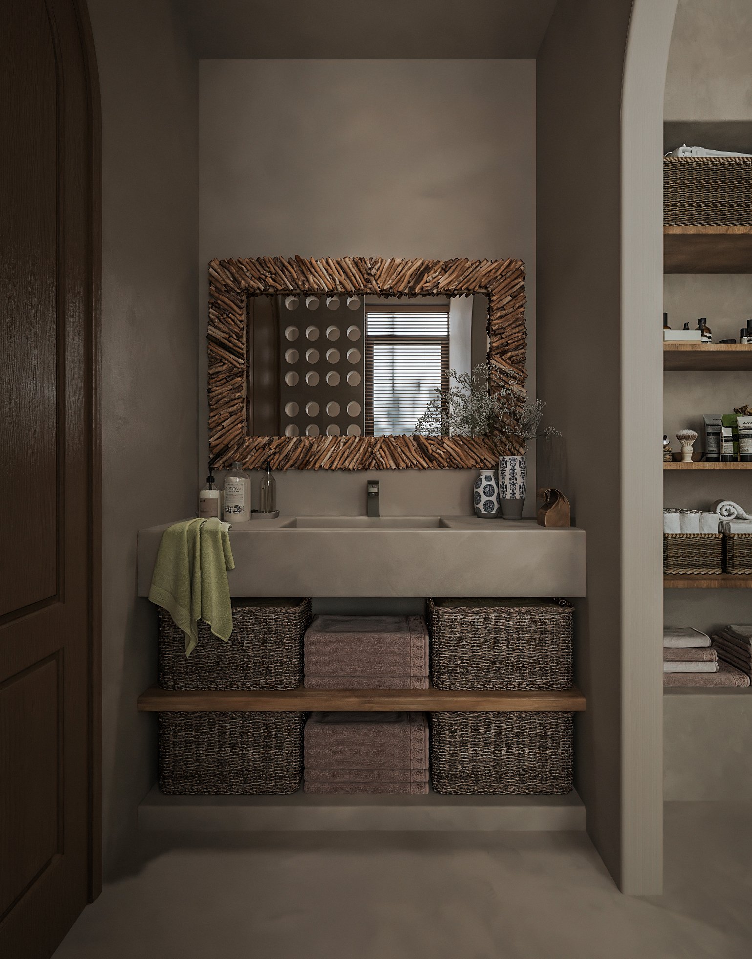 Phòng tắm, vệ sinh gọn gàng nhờ hệ kệ gỗ gắn tường và những giỏ liễu gai đan lát thủ công, tạo cảm giác thân thiện, gần gũi với thiên nhiên.