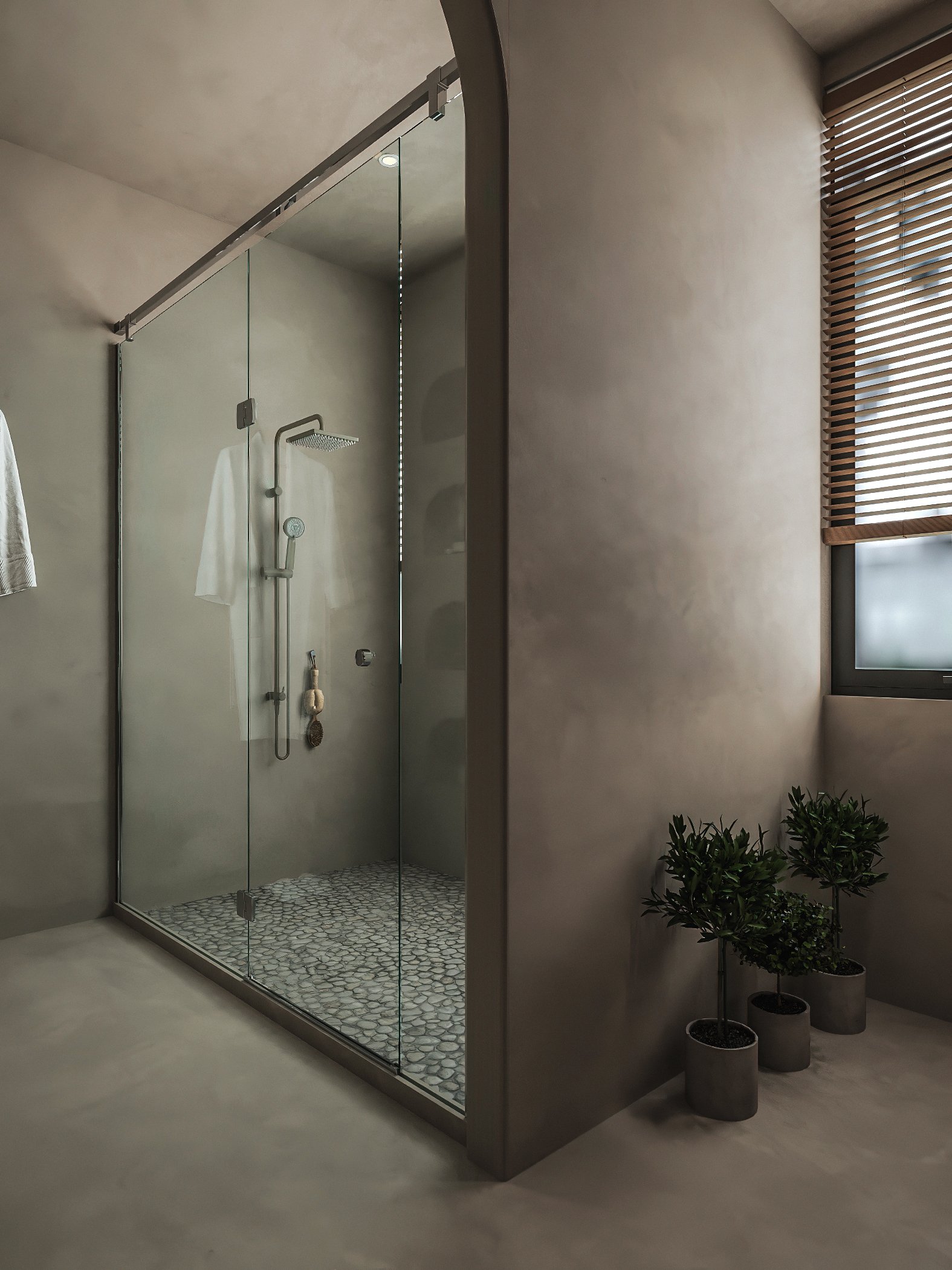 Phòng tắm vòi sen phân tách với khu vực bên ngoài bởi tường kính trong suốt.
