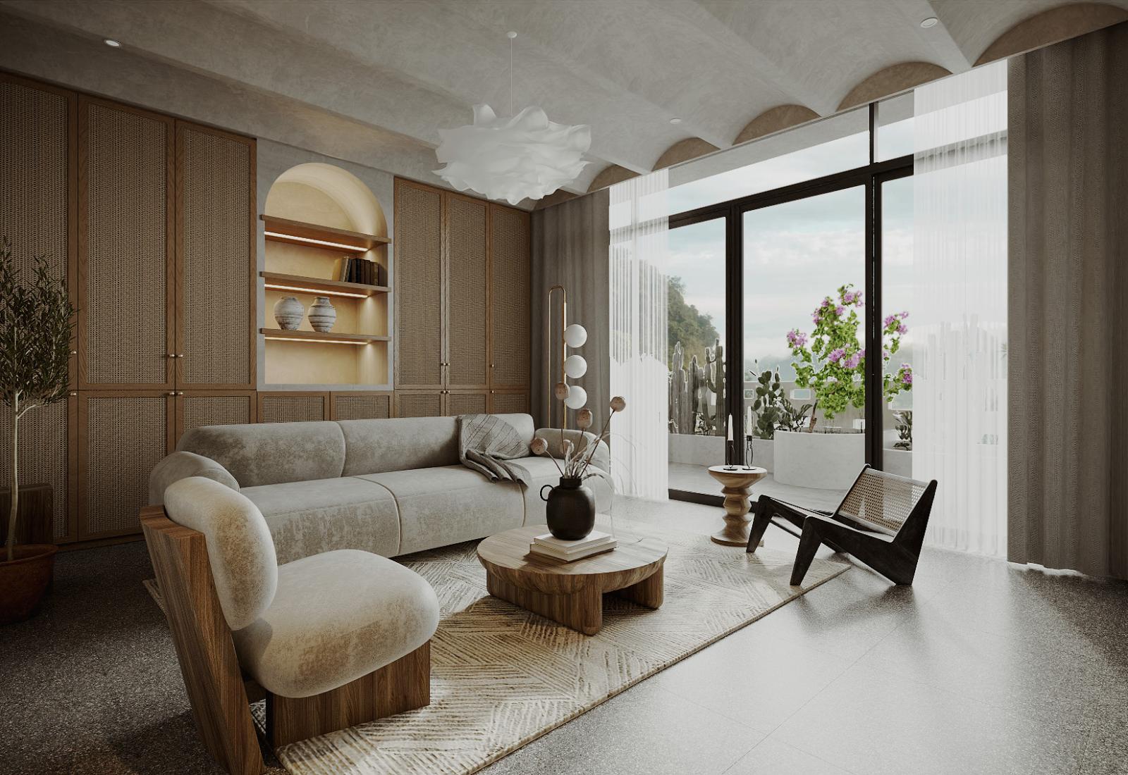 Không gian phòng khách rộng rãi, sử dụng nội thất cao cấp thiên về chất liệu tự nhiên. Căn phòng kết nối trực tiếp với ban công thư giãn bên ngoài.