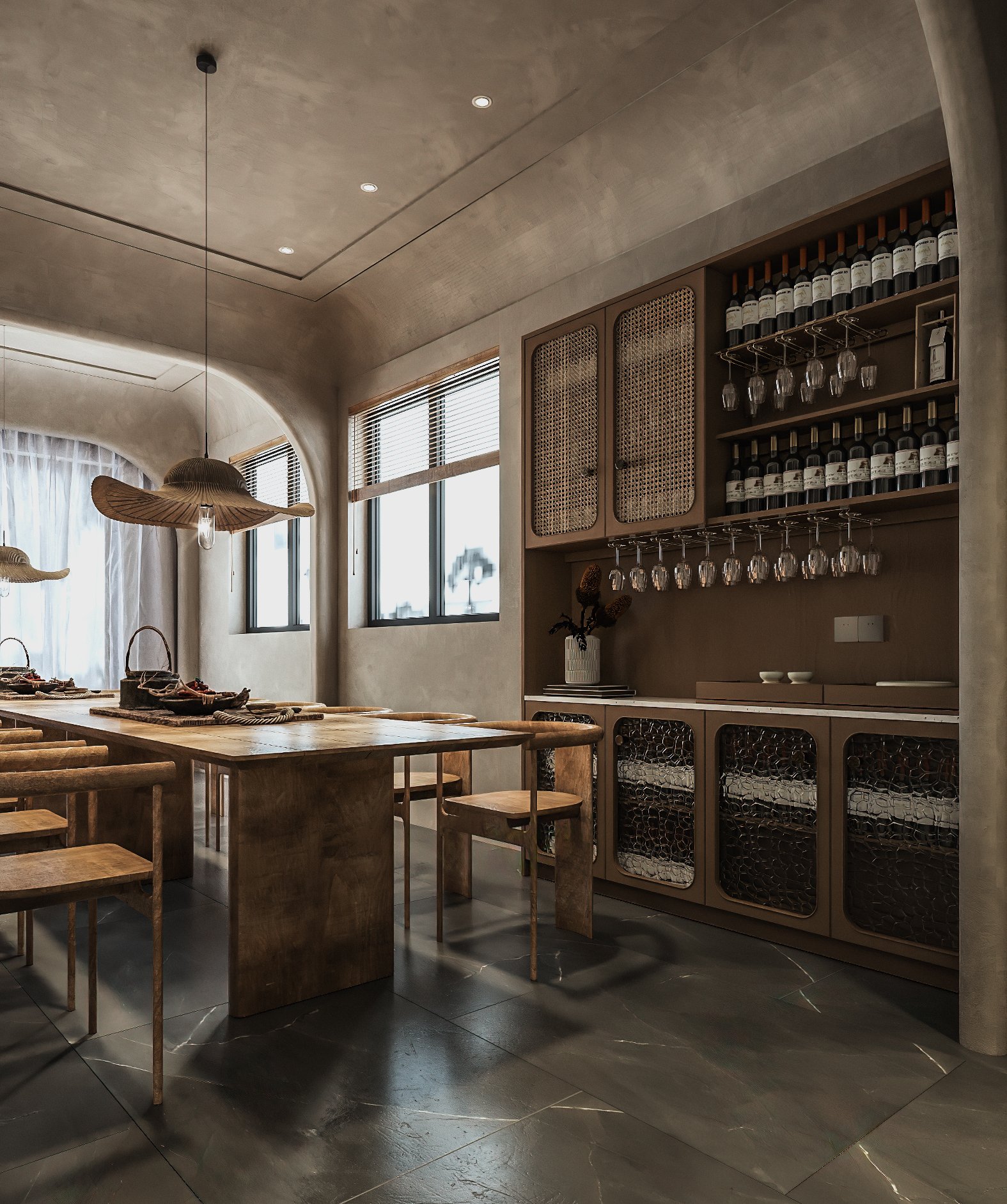Ngay cạnh bàn ăn là hệ tủ rượu âm tường có thiết kế đơn giản, tiện dụng và đẹp mắt.