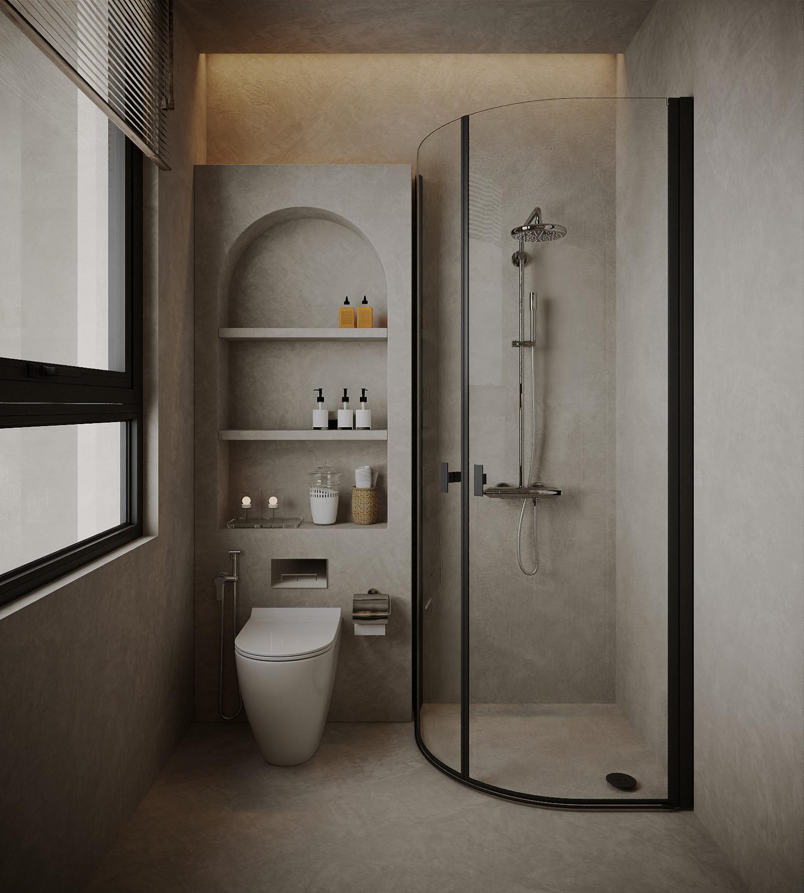 Phòng tắm, vệ sinh với thiết kế tối giản, đầy đủ tiện ích hiện đại.