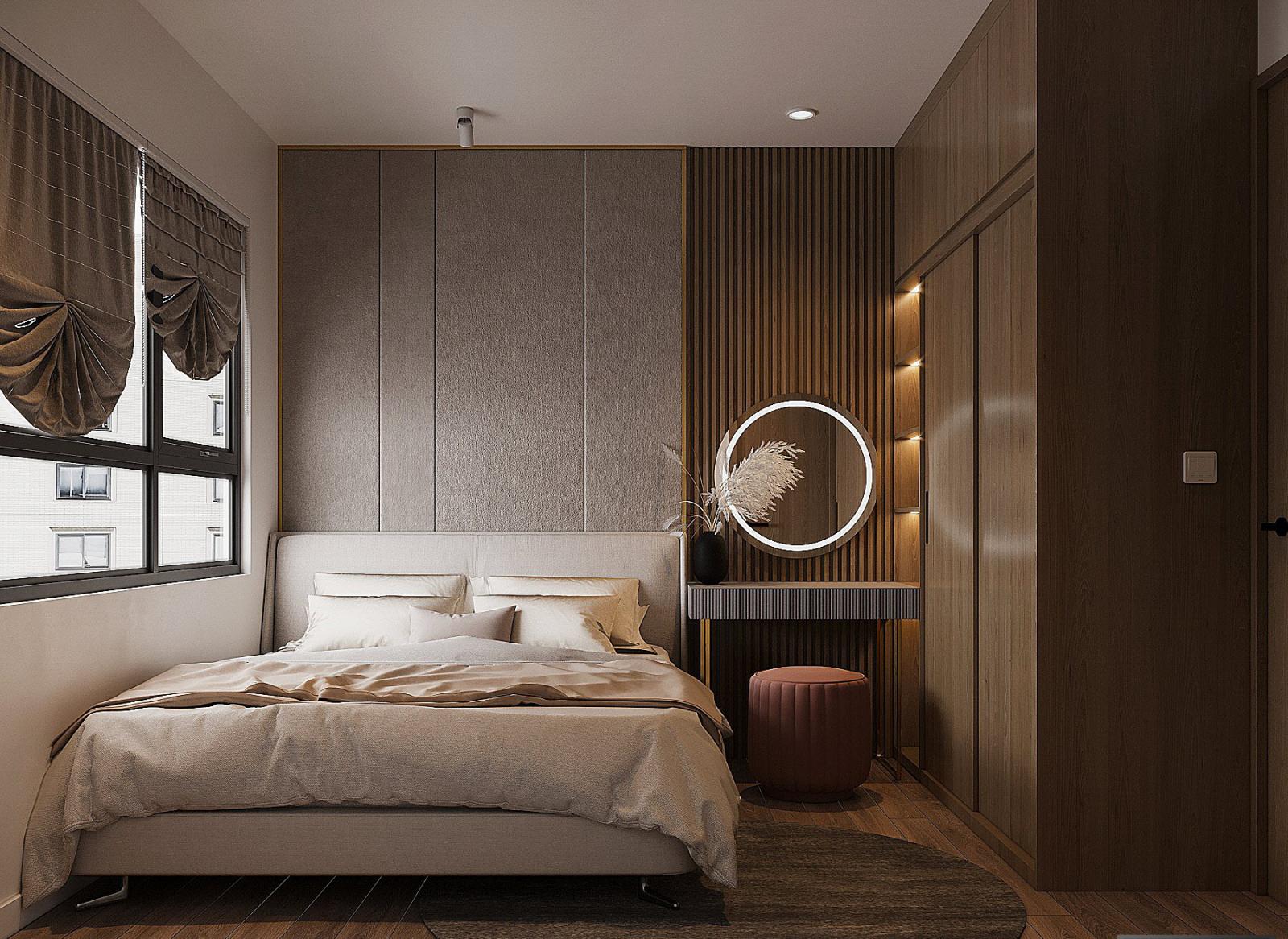 Bất chấp diện tích có phần hạn chế, phòng ngủ vẫn toát lên vẻ sang trọng, đẳng cấp. Bảng màu trong căn phòng được chia đều cho sắc nâu gỗ và màu ghi sáng.