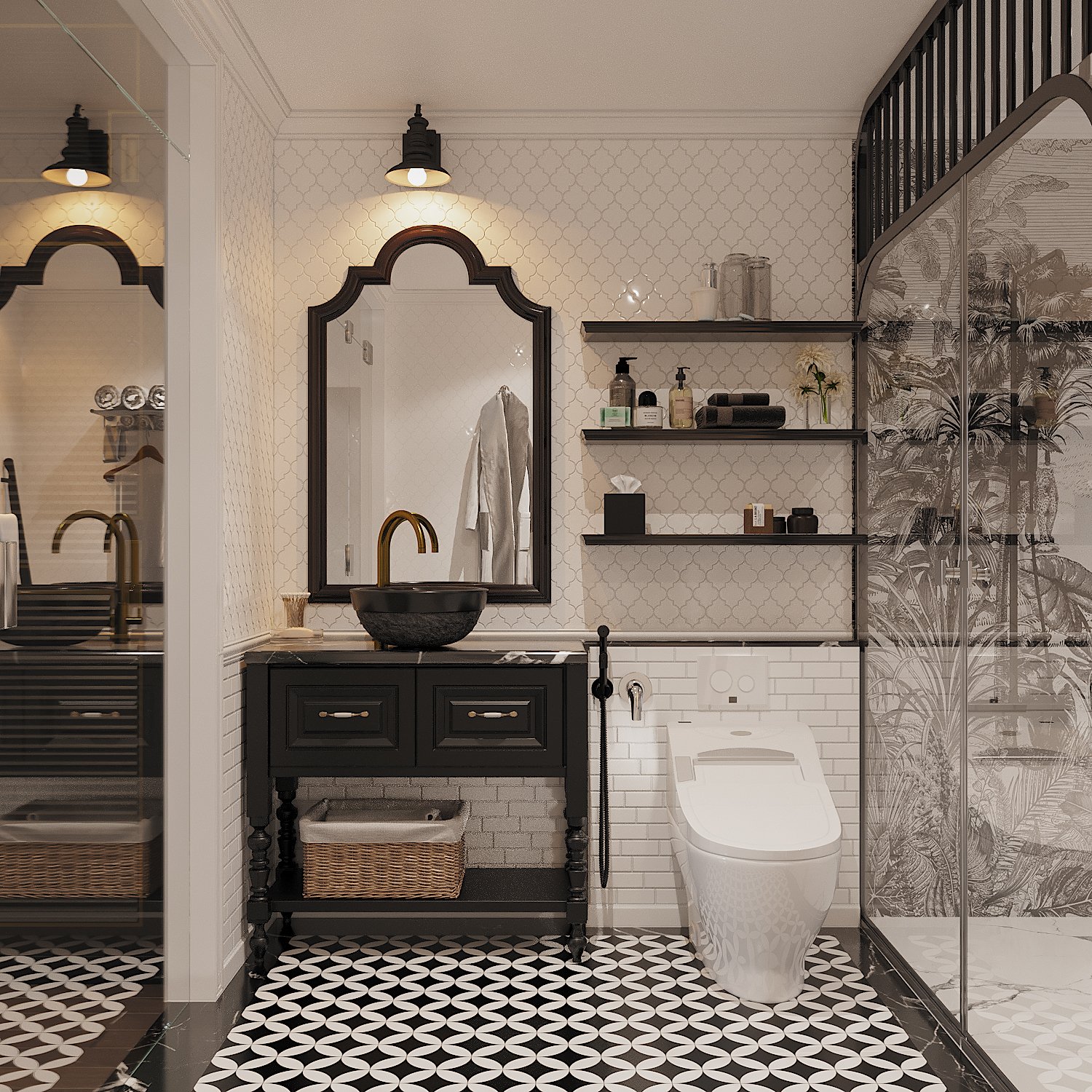 Phòng tắm được thiết kế đảm bảo cả về công thái học lẫn tính thẩm mỹ. Tường ốp gạch thẻ màu trắng làm nền cho nội thất màu đen thêm phần nổi bật.