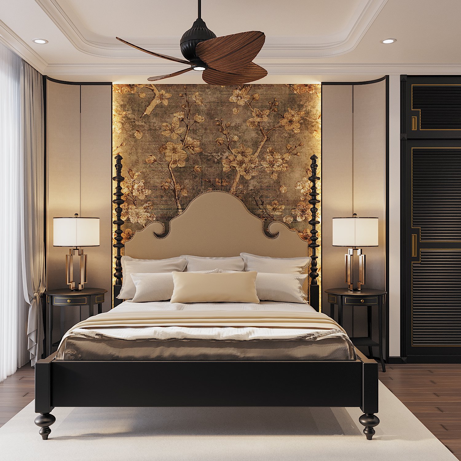 Vẻ sang trọng, hấp dẫn của phòng ngủ master đến từ thiết kế nội thất và tường đầu giường decor đẹp tuyệt.